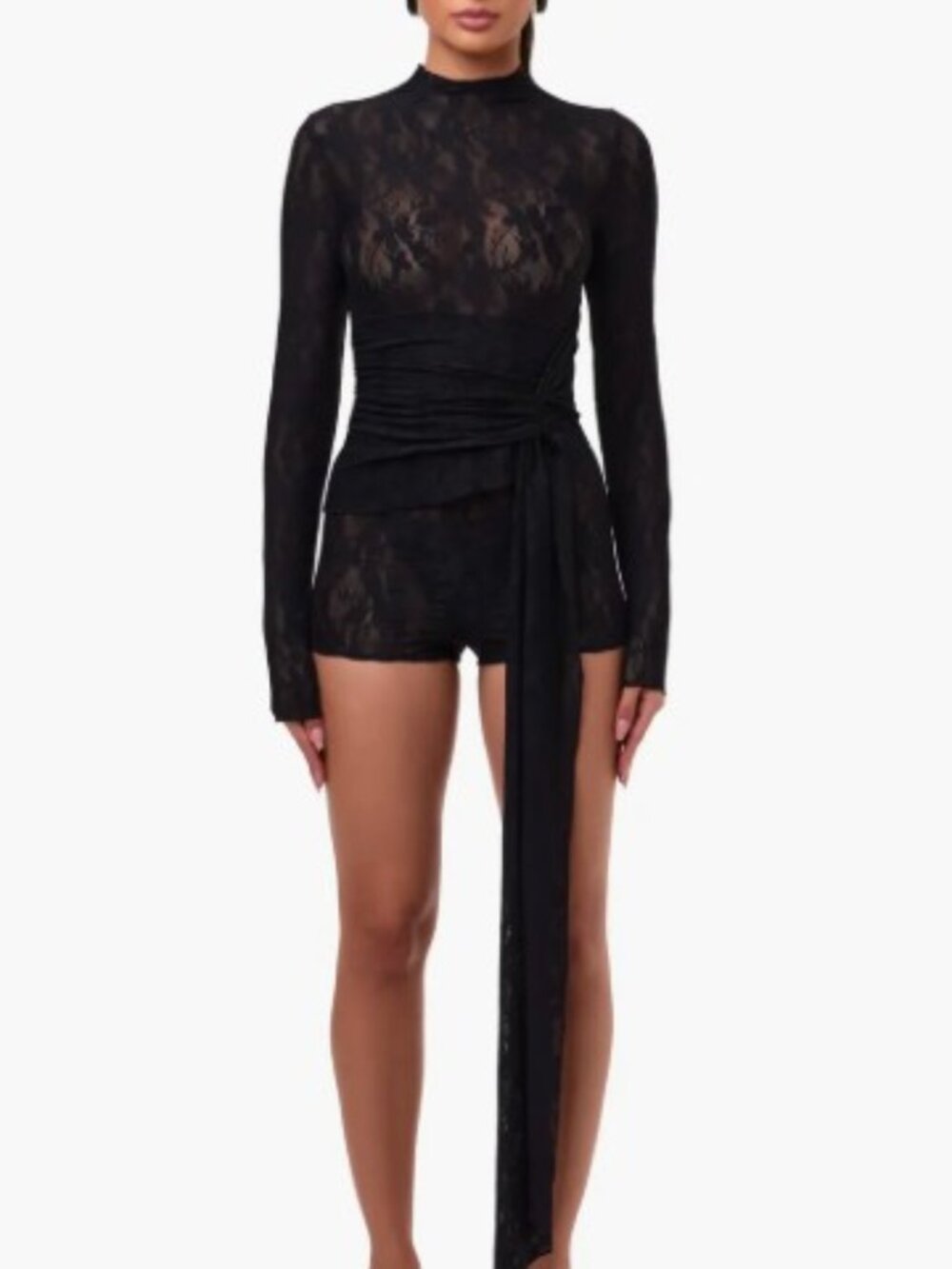 NWT - Naked Wardrobe Semisheer Mock Neck Long Sleeve Lace Drape Top - Size Small